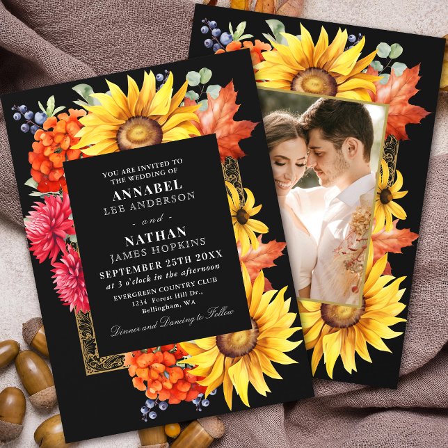 Black Elegant Autumn Watercolor Floral Photo Invitation (Creator Uploaded)