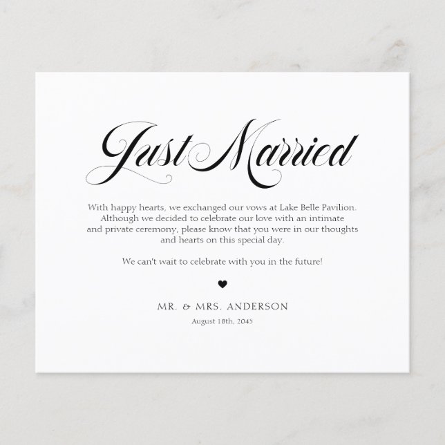 Black Elegant Bold Calligraphy Just Married Card (Front)
