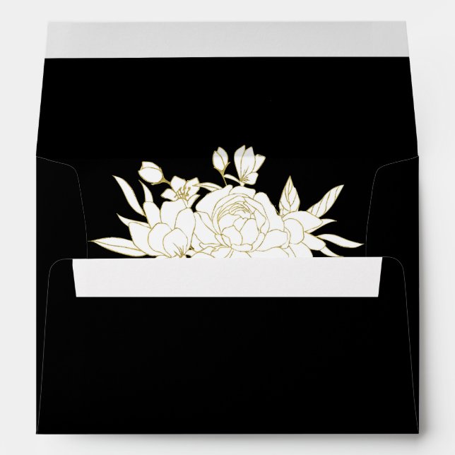 Black Elegant Bold Gold White Floral Address Envelope (Back (Bottom))
