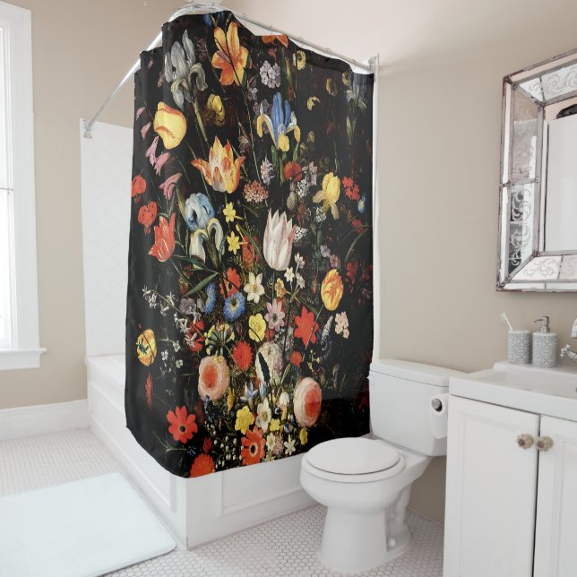 Black Elegant Botanical Floral Shower Curtain (In Situ)