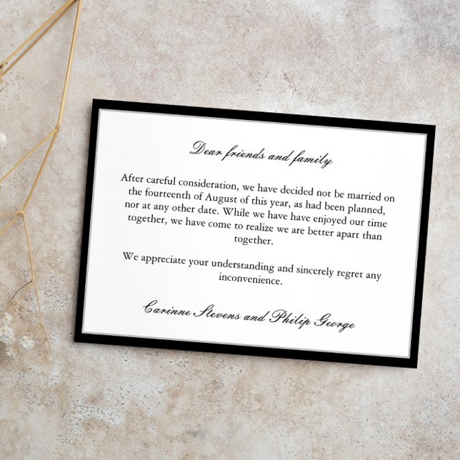 Black Elegant Broken Engagement Cancelled Wedding Invitation (Creator Uploaded)