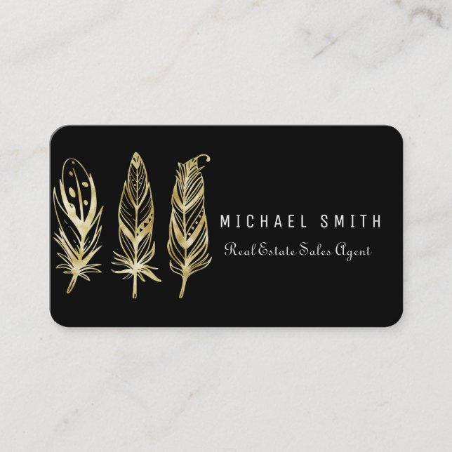 Black elegant business card with gold feathers (Front)