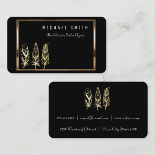Black elegant business card with gold feathers