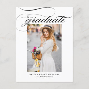 Black Elegant Calligraphy Photo Graduation Announcement Postcard