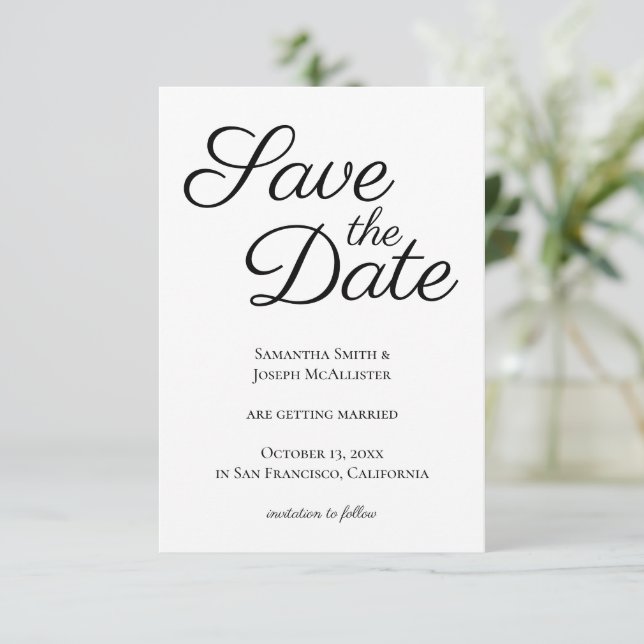 Black Elegant Calligraphy Save the Date Invitation (Standing Front)