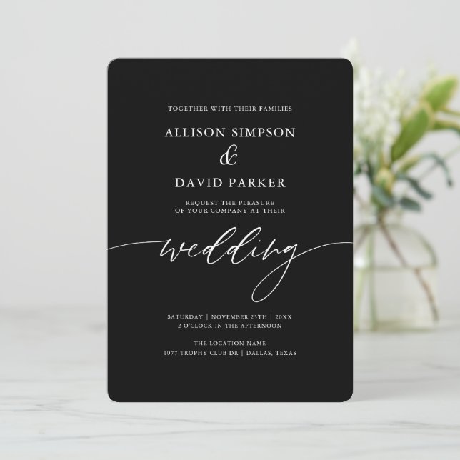 Black Elegant Calligraphy Wedding Invitation (Standing Front)