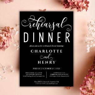 Black Elegant Calligraphy Wedding Rehearsal Dinner Invitation