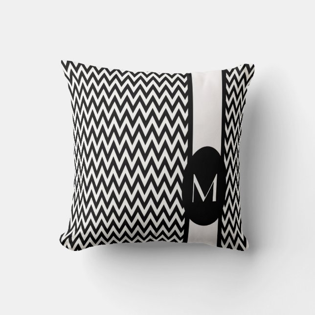 Black Elegant Chevron Design with monogram Cushion (Front)