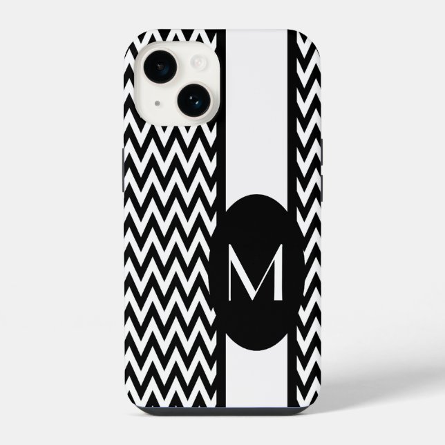Black Elegant Chevron Design with monogram iPhone Case (Back)