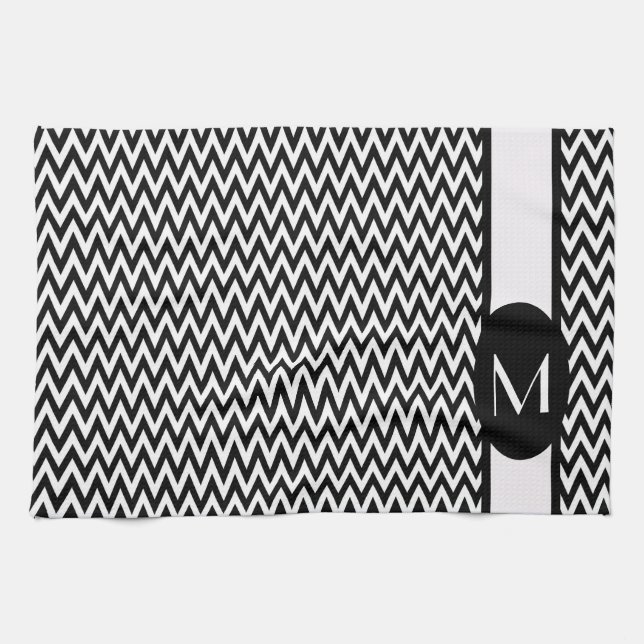 Black Elegant Chevron Design with monogram Tea Towel (Horizontal)