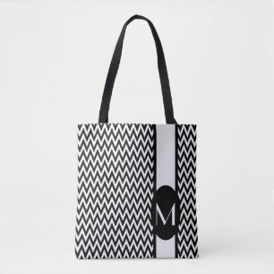 Black Elegant Chevron Design with monogram Tote Bag