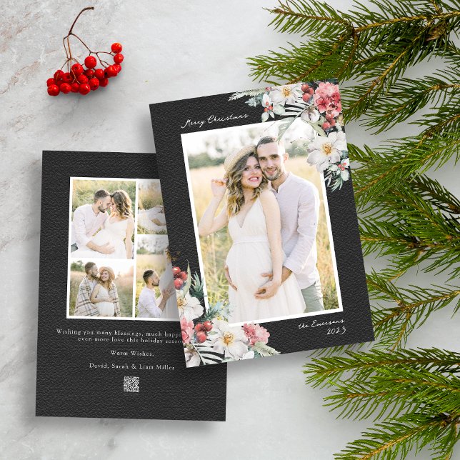 Black Elegant Christmas Photo Collage Holiday Card (Black Merry Christmas Photo Collage Holiday Card with Elegant Watercolor Botanical Florals Berries)