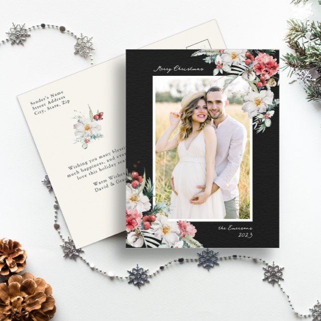 Black Elegant Christmas Photo Holiday Postcard (Black Merry Christmas Holiday Postcard Simple Elegant Watercolor Botanical Floral Berries)