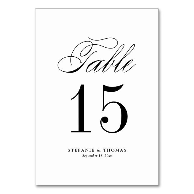 Black Elegant Classic Script Wedding Table Number (Front)