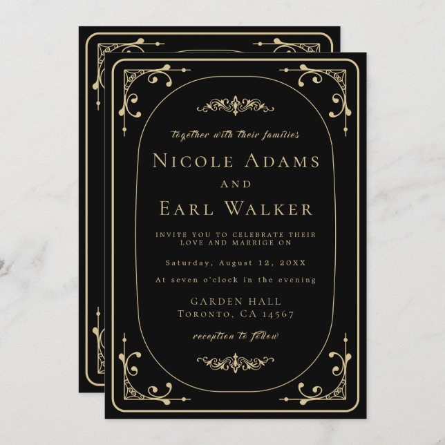 Black Elegant Deco Gold Retro Wedding Invitation (Front/Back)