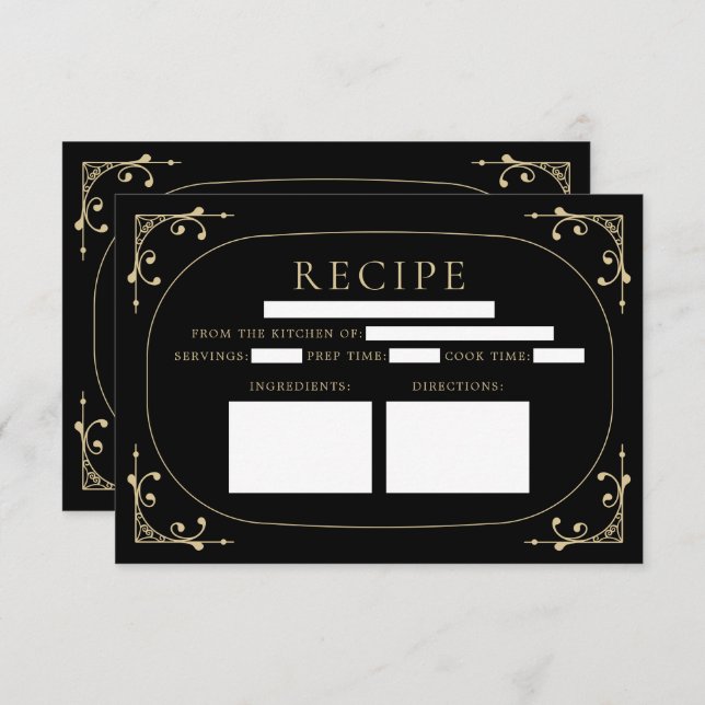 Black Elegant Deco Retro Bridal Shower Recipe Card (Front/Back)