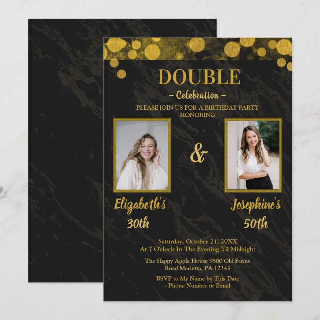 Black elegant  double joint birthday 2 PHOTO Invitation (Front/Back)
