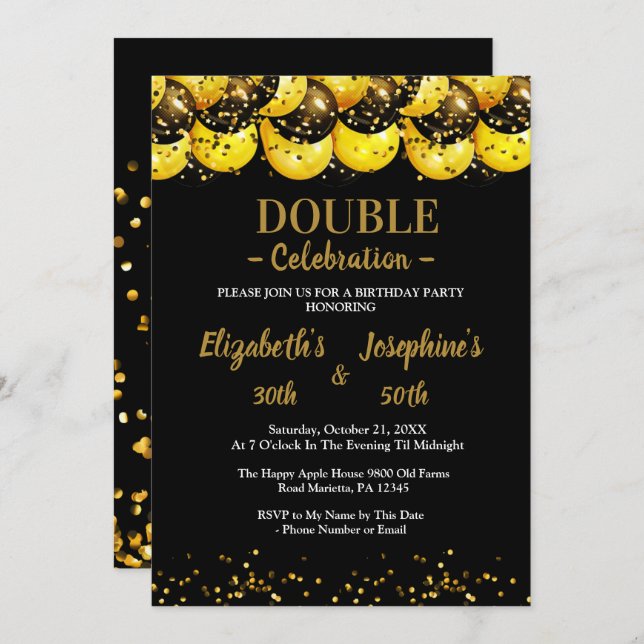 Black Elegant Dual Birthday Soiree Invitation (Front/Back)