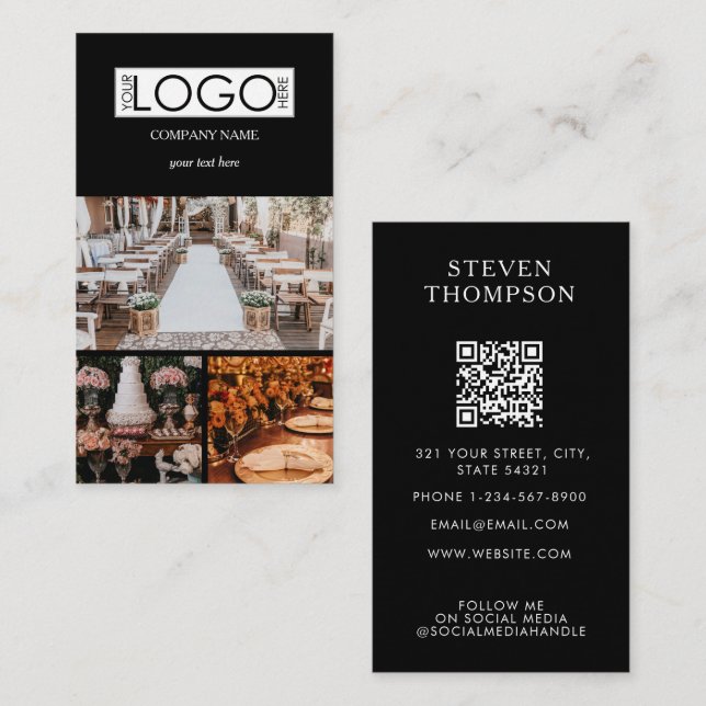Black Elegant Event Planning Business 3 Photos Business Card (Front/Back)