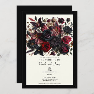 Black Elegant Fall Pressed Flowers Dark Wedding Invitation