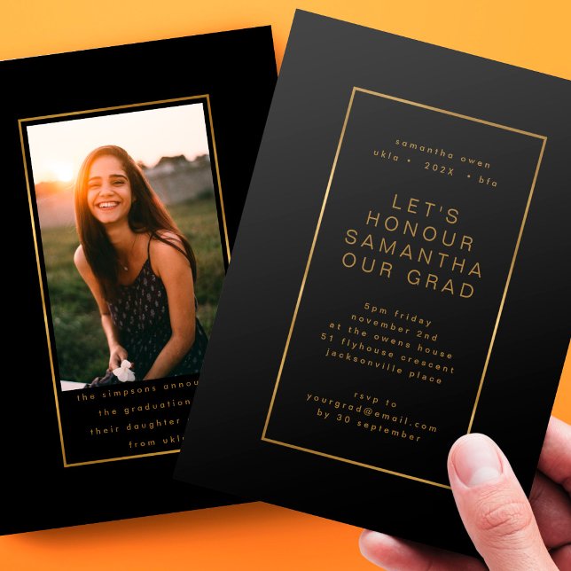 Black Elegant Faux Foil Photo University Grad Invitation (Creator Uploaded)