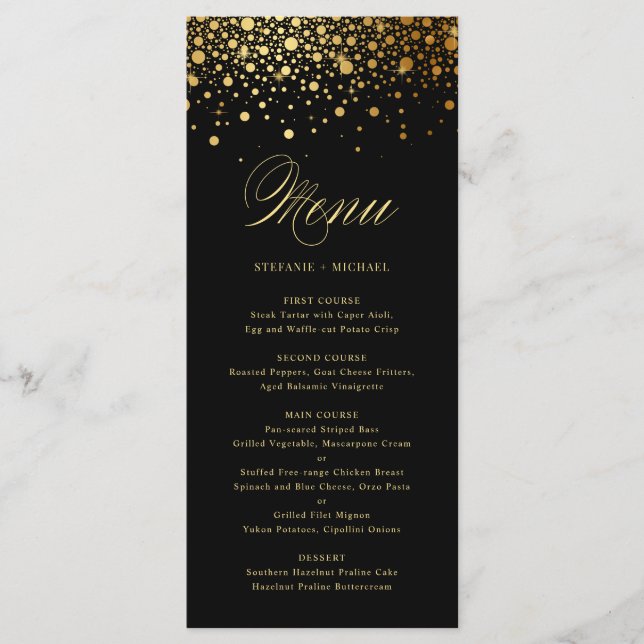 Black Elegant Faux Gold Foil Confetti Wedding Menu (Front)
