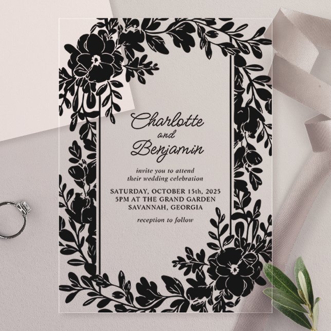 Black Elegant Floral Border Wedding Acrylic Invitations (Creator Uploaded)