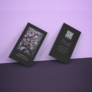 Black Elegant Floral Business Card with QR Code