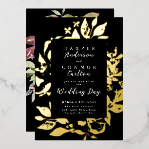 Black Elegant Floral Pressed Gold Wedding