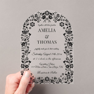 Black Elegant Floral Wedding  Acrylic Invitations