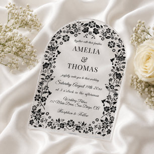 Black Elegant Floral Wedding  Acrylic Invitations