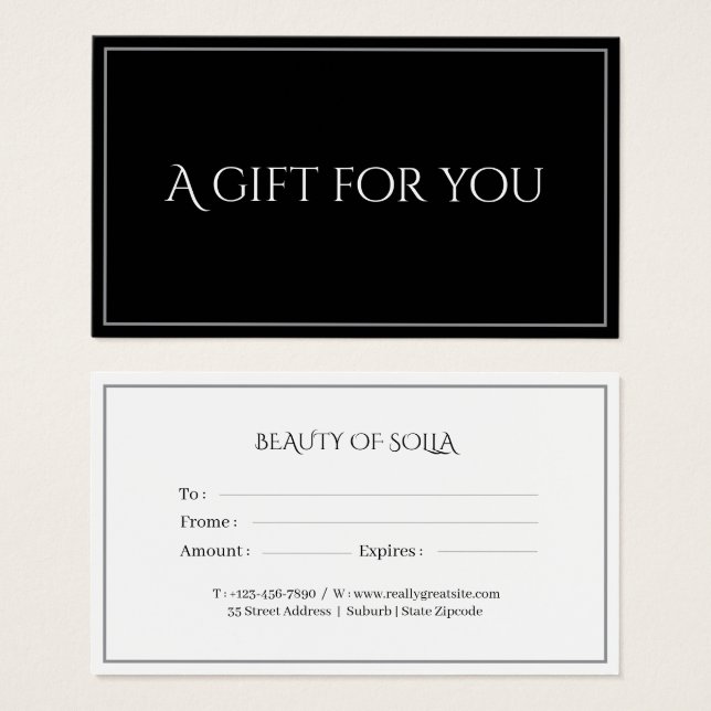 Black Elegant Gift Certificate Card for Businesses (Front & Back)