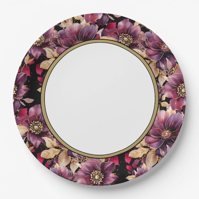 Black Elegant Gold Burgundy Floral pattern border Paper Plate (Front)