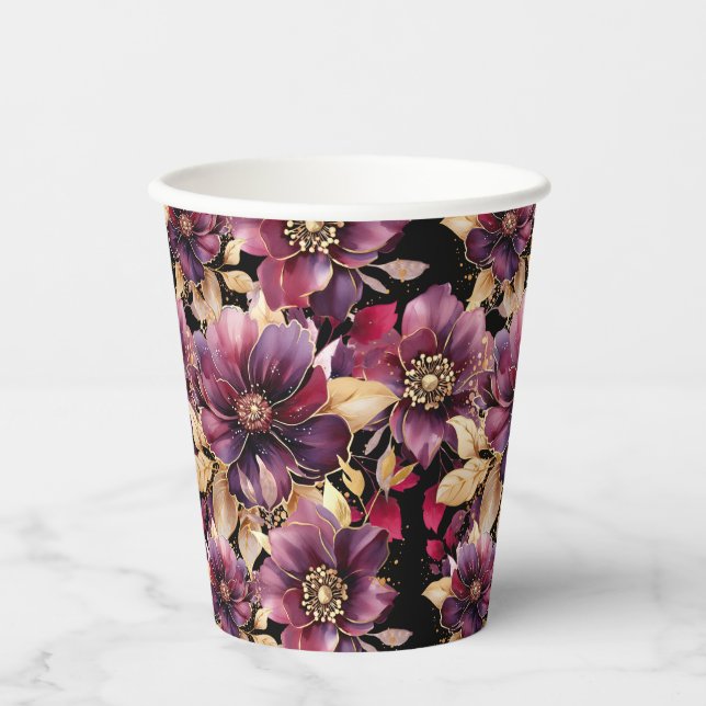 Black Elegant Gold Burgundy Floral pattern Paper Cups (Front)