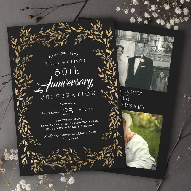 Black Elegant Gold Leaf Anniversary Photo Invitation (Creator Uploaded)