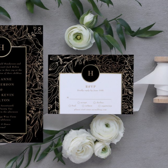 Black Elegant Gold Monogram Wreath Wedding RSVP Card (RSVP showcasing suite - additional items (bought separately))