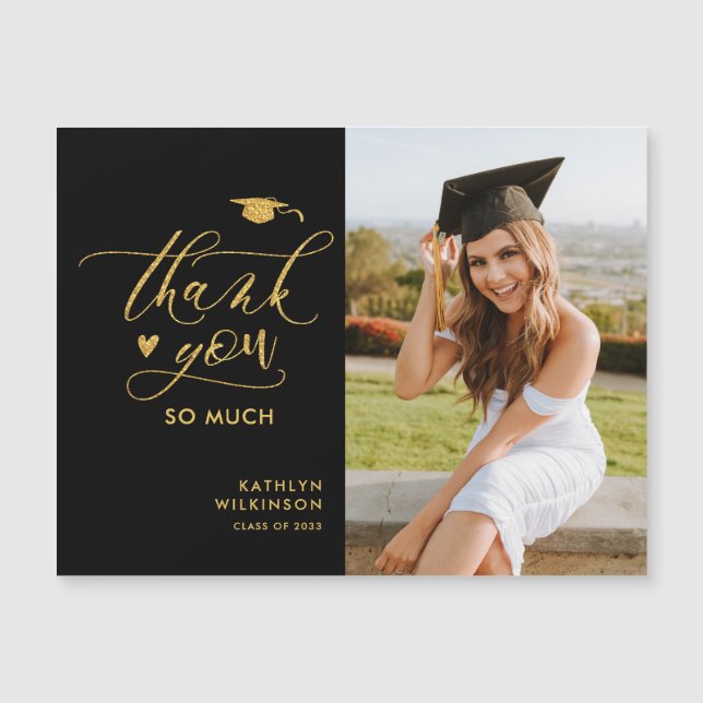 Black Elegant Gold Script Graduation Thank You (Front)