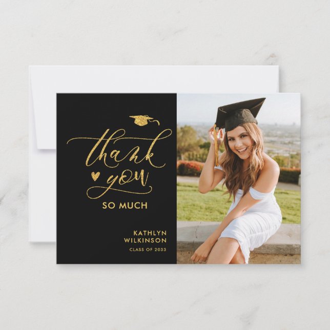 Black Elegant Gold Script Graduation Thank You Invitation (Front)