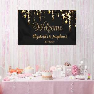 Black elegant & gold stars double joint birthday banner