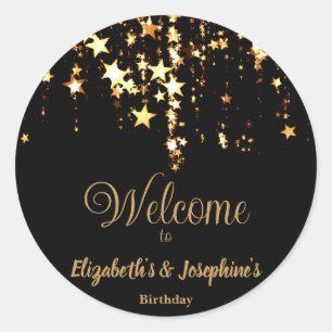 Black elegant & gold stars double joint birthday classic round sticker