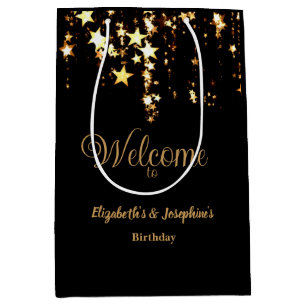Black elegant & gold stars double joint birthday medium gift bag