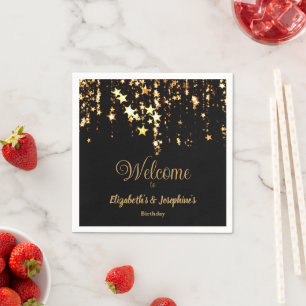Black elegant & gold stars double joint birthday napkin