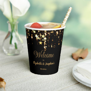 Black elegant & gold stars double joint birthday paper cups