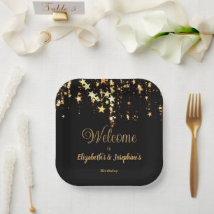 Black elegant & gold stars double joint birthday paper plate