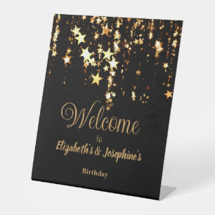 Black elegant & gold stars double joint birthday pedestal sign