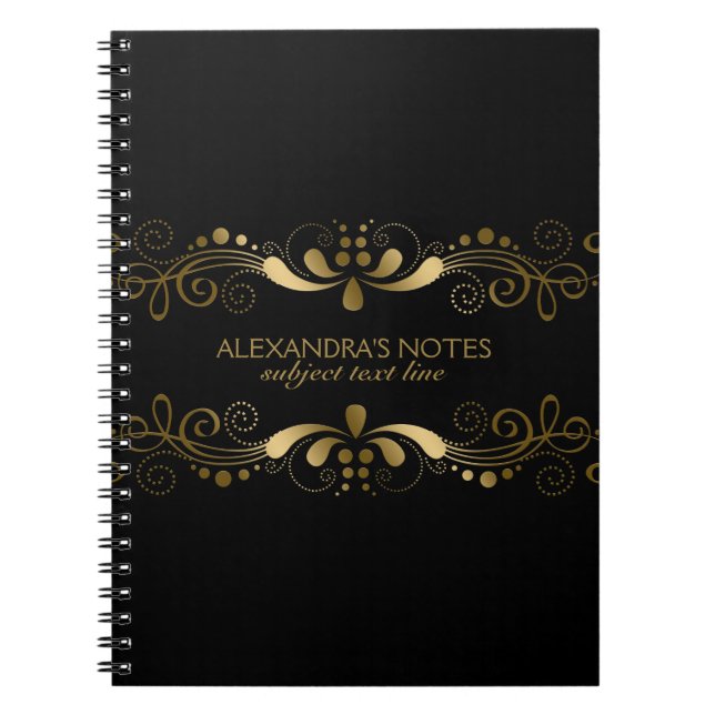Black & Elegant Gold Tones Floral Lace Frame 2 Notebook (Front)