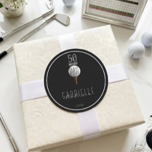 Black Elegant Golf 50 Birthday Par Tee Script Classic Round Sticker