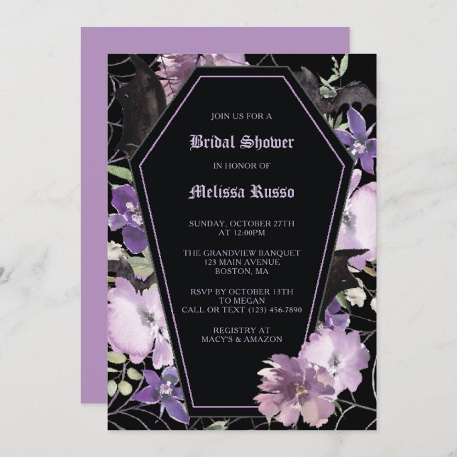 Black Elegant Gothic Floral Coffin Bridal Shower Invitation (Front/Back)