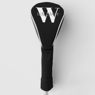 Black | Elegant Grey Name and White Initial  Golf Head Cover