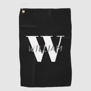 Black Elegant Grey Name and White Initial Golf Towel